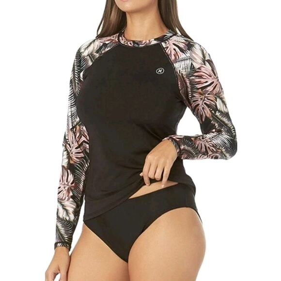 Hurley One Piece Rash Guard Set L/XL Black Floral Long Sleeve SPF 50+ Swim Suit - Picture 1 of 9